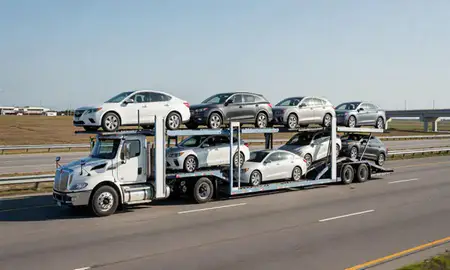 Multi-level car carrier on the highway to Savannah, Georgia, United States