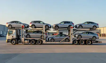 Car transporter parked in an industrial area of Savannah, Georgia, United States