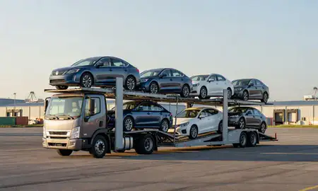 Car transporter loaded with vehicles in Savannah, Georgia, United States