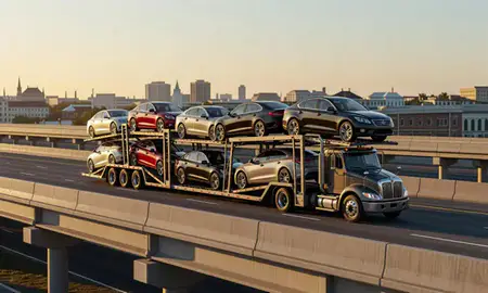 Car transporter with the Savannah, Georgia, United States skyline behind it