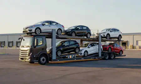 Car transporter loaded with vehicles in Smyrna, Georgia, United States