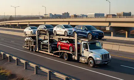 Car transporter with the Smyrna, Georgia, United States skyline behind it