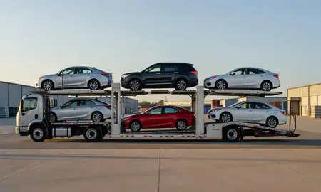 Car transporter parked in an industrial area of South Fulton, Georgia, United States