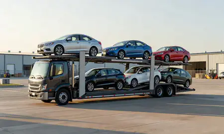 Car transporter loaded with vehicles in South Fulton, Georgia, United States