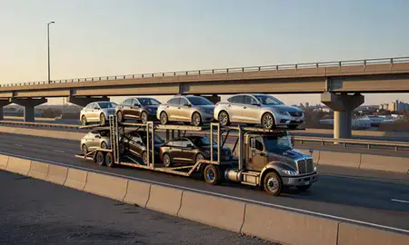 Car transporter with the South Fulton, Georgia, United States skyline behind it