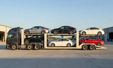 Car transporter parked in an industrial area of Stonecrest, Georgia, United States