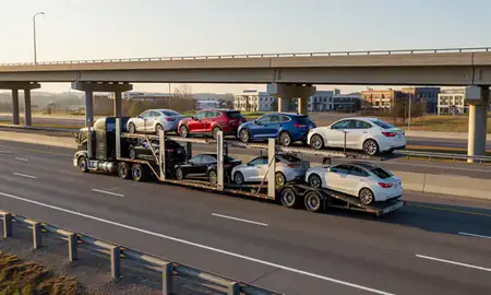 Car transporter with the Stonecrest, Georgia, United States skyline behind it