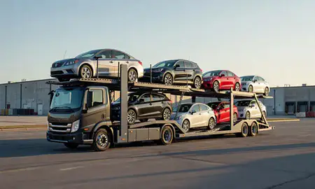 Car transporter loaded with vehicles in Valdosta, Georgia, United States
