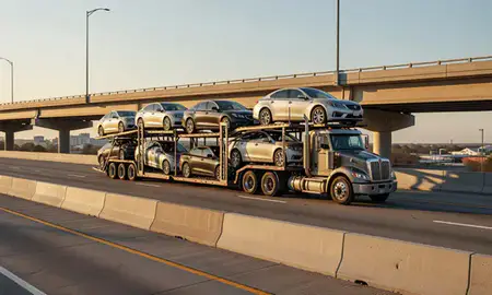 Car transporter with the Valdosta, Georgia, United States skyline behind it