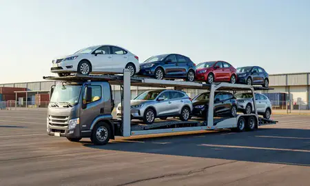 Car transporter loaded with vehicles in Warner Robins, Georgia, United States