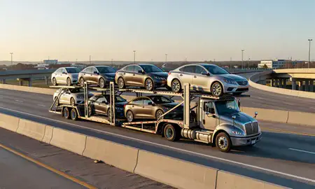Car transporter with the Warner Robins, Georgia, United States skyline behind it