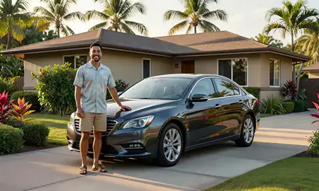 Customer with their delivered car in Hawaii, United States