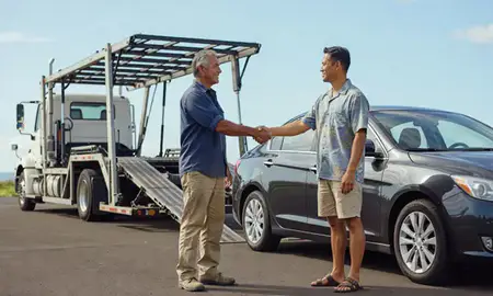 Vehicle owner beside their delivered car in Hawaii, United States