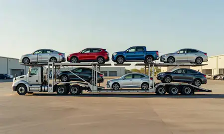 Car transporter parked in an industrial area of Hawaii, United States