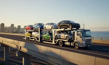 Car transporter with the Hawaii, United States skyline behind it