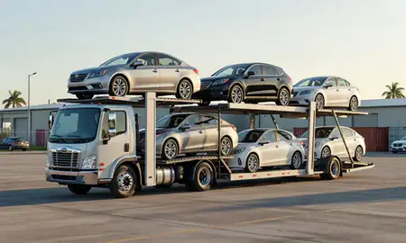 Car transporter loaded with vehicles in East Honolulu, Hawaii, United States