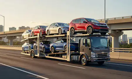 Car transporter with the East Honolulu, Hawaii, United States skyline behind it