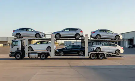Car transporter parked in an industrial area of Ewa Beach, Hawaii, United States