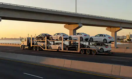 Car transporter with the Ewa Beach, Hawaii, United States skyline behind it