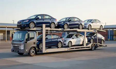 Car transporter loaded with vehicles in Ewa Gentry, Hawaii, United States