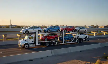 Car transporter with the Ewa Gentry, Hawaii, United States skyline behind it