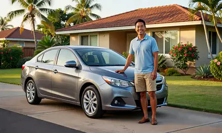 Customer with their delivered car in Halawa, Hawaii, United States