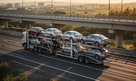 Car transporter with the Halawa, Hawaii, United States skyline behind it