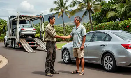 Vehicle owner beside their delivered car in Hawaiian Paradise Park, Hawaii, United States