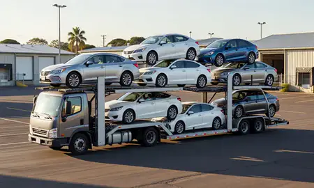 Car transporter loaded with vehicles in Hawaiian Paradise Park, Hawaii, United States