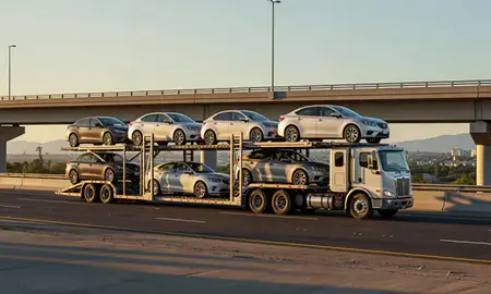 Car transporter with the Hawaiian Paradise Park, Hawaii, United States skyline behind it