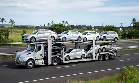 Multi-level car carrier on the highway to Hilo, Hawaii, United States