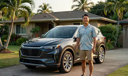 Car delivered to a driveway in Hilo, Hawaii, United States