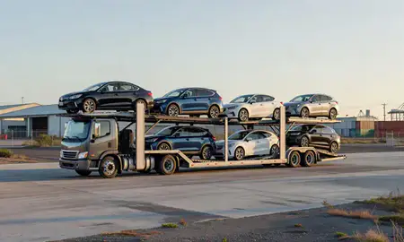 Car transporter loaded with vehicles in Hilo, Hawaii, United States