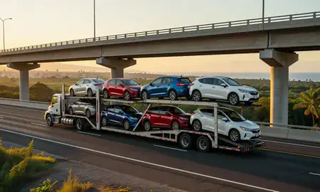 Car transporter with the Hilo, Hawaii, United States skyline behind it