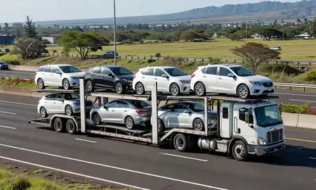 Multi-level car carrier on the highway to Honolulu, Hawaii, United States