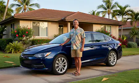 Customer with their delivered car in Honolulu, Hawaii, United States