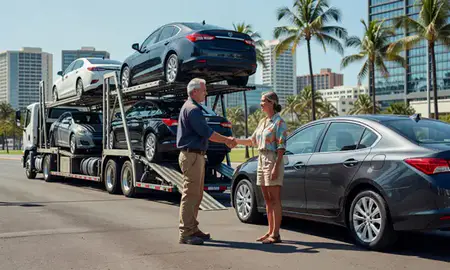 Vehicle owner beside their delivered car in Honolulu, Hawaii, United States