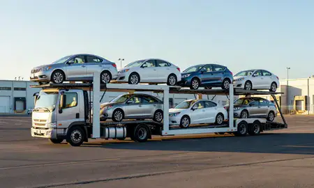 Car transporter loaded with vehicles in Honolulu, Hawaii, United States