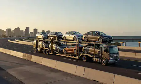 Car transporter with the Honolulu, Hawaii, United States skyline behind it