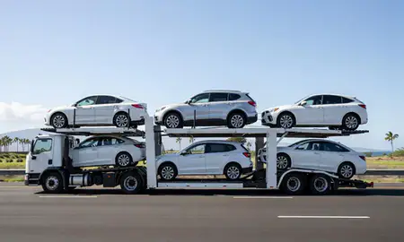 Multi-level car carrier on the highway to Kahului, Hawaii, United States