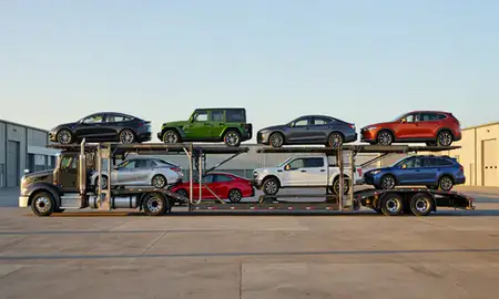 Car transporter parked in an industrial area of Kahului, Hawaii, United States