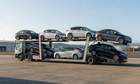 Car transporter loaded with vehicles in Kahului, Hawaii, United States