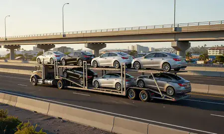 Car transporter with the Kahului, Hawaii, United States skyline behind it