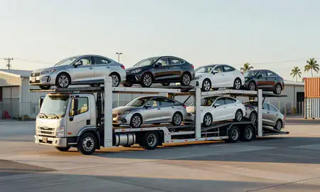 Car transporter loaded with vehicles in Kailua, Hawaii, United States