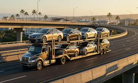 Car transporter with the Kailua, Hawaii, United States skyline behind it