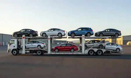 Car transporter parked in an industrial area of Kaneohe, Hawaii, United States