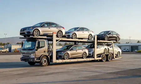Car transporter loaded with vehicles in Kaneohe, Hawaii, United States