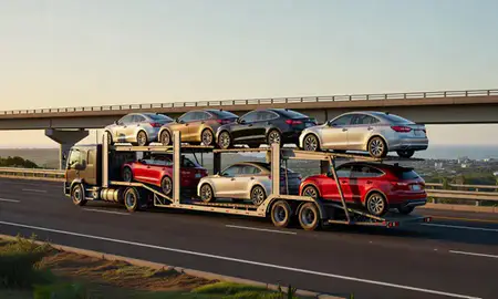 Car transporter with the Kaneohe, Hawaii, United States skyline behind it