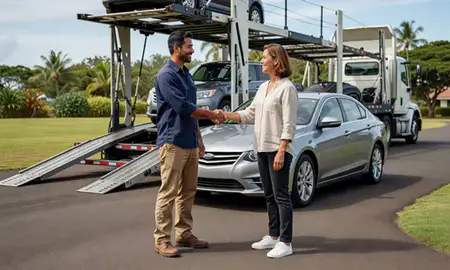 Vehicle owner beside their delivered car in Kapaa, Hawaii, United States