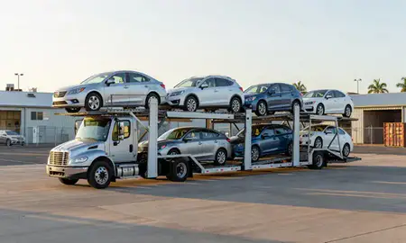 Car transporter loaded with vehicles in Kapaa, Hawaii, United States